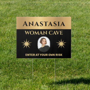 Woman Cave Gold Black Warning Personalize Sign