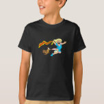 Woman Celebrates Hanukkah - T-Shirt<br><div class="desc">This design features a colorful cartoon figure wearing a blue dress waving a flag with "Happy Hanukkah" on it. A brown dog is following her as she celebrates the holiday. These tees are available in assorted styles,  colors and sizes.</div>