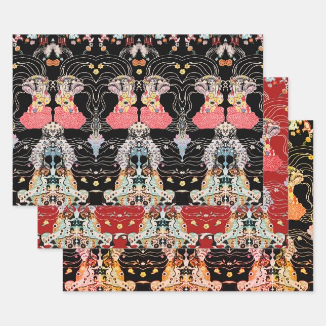 WOMAN,CENTAUR FLORAL Red Black White Klimt Pattern Wrapping Paper Sheets (Set)
