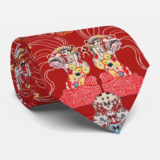 WOMAN,CENTAUR FLORAL Red White Klimt Pattern Neck Tie (Rolled)