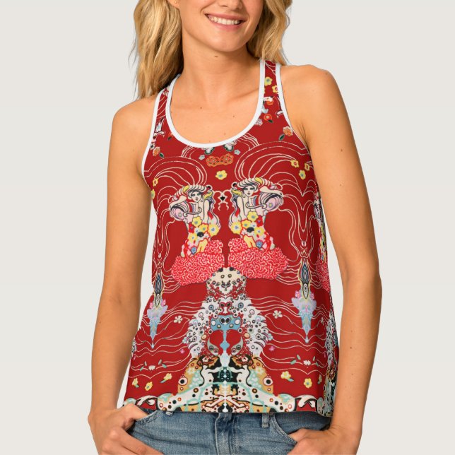 WOMAN,CENTAUR FLORAL Red White Klimt Pattern Tank Top (Front)