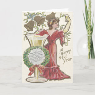 Woman Champagne Flute Bell Holly Wreath Mistletoe Holiday Card
