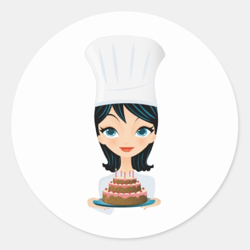 Woman chef Birthday cake Classic Round Sticker