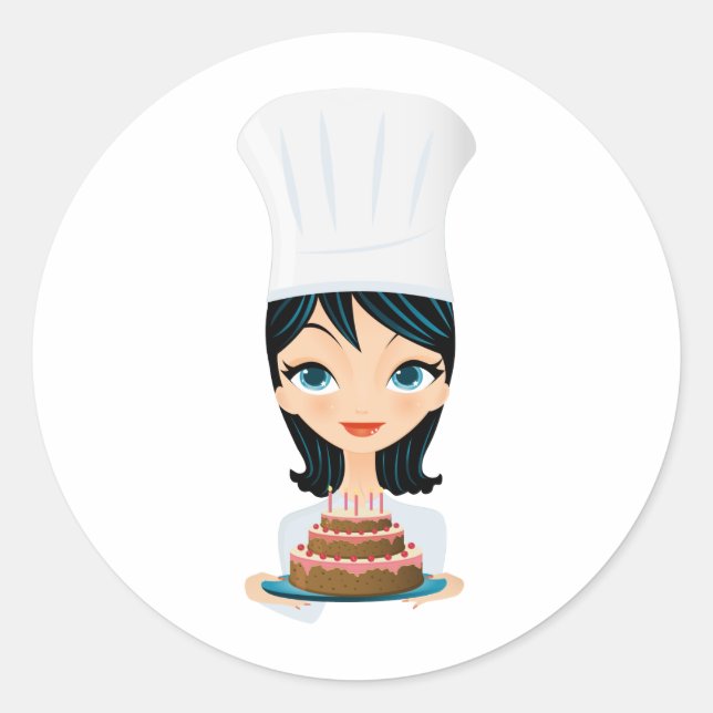 Woman chef Birthday cake Classic Round Sticker (Front)