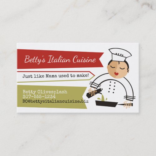 Woman chef olive oil skillet Italian catering Business Card