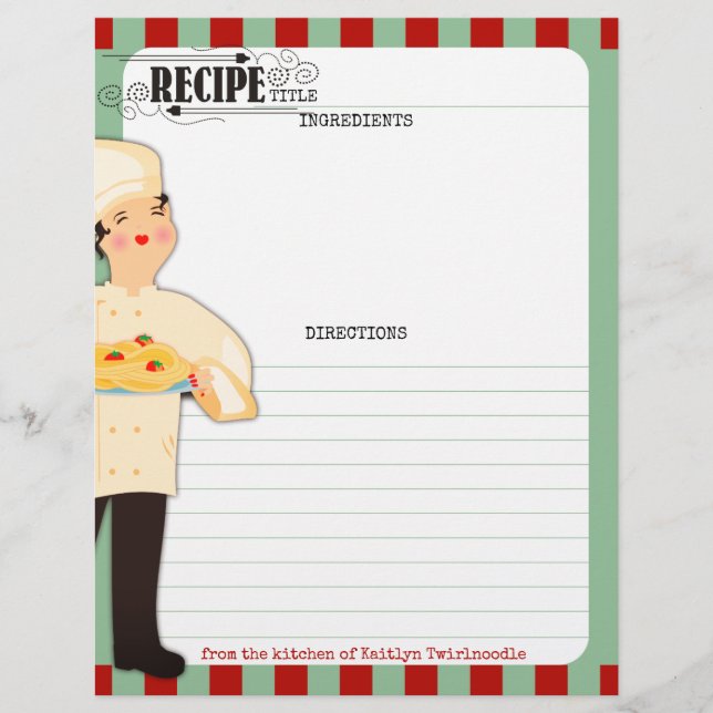 Woman chef pasta Italian food recipe letterhead (Front)