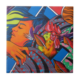 Woman & Chicken Wall Mural Ceramic Tile