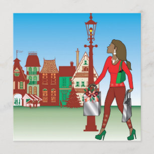 Woman Christmas shopping with bags dressed fashion Invitation