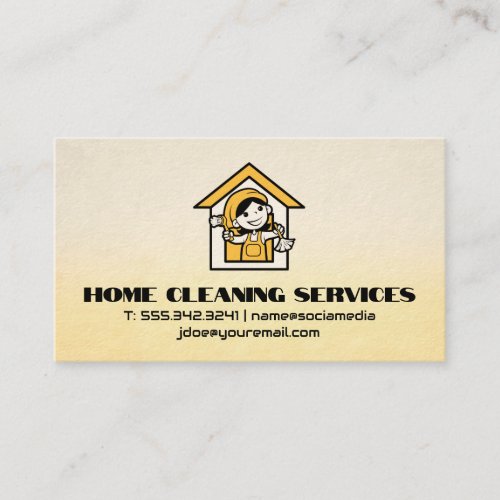 Woman Cleaning Home Logo  Yellow Business Card