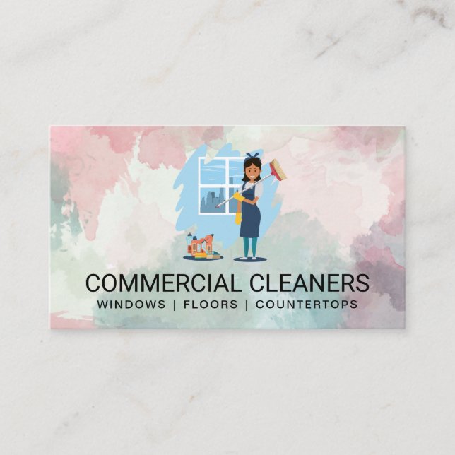 Woman Cleaning | Watercolor Background Business Card (Front)