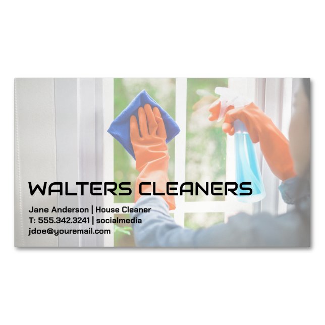 Woman Cleaning Window Business Card Magnet (Front)