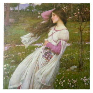 Woman Collecting Flowers in the Wind Ceramic Tile