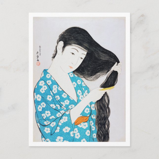 Woman Combing Her Hair, Goyō Hashiguchi Postcard (Front)