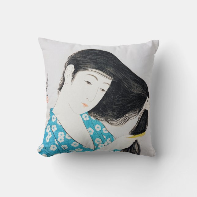Woman Combing Her Hair, Goyō Hashiguchi Throw Pillow (Front)