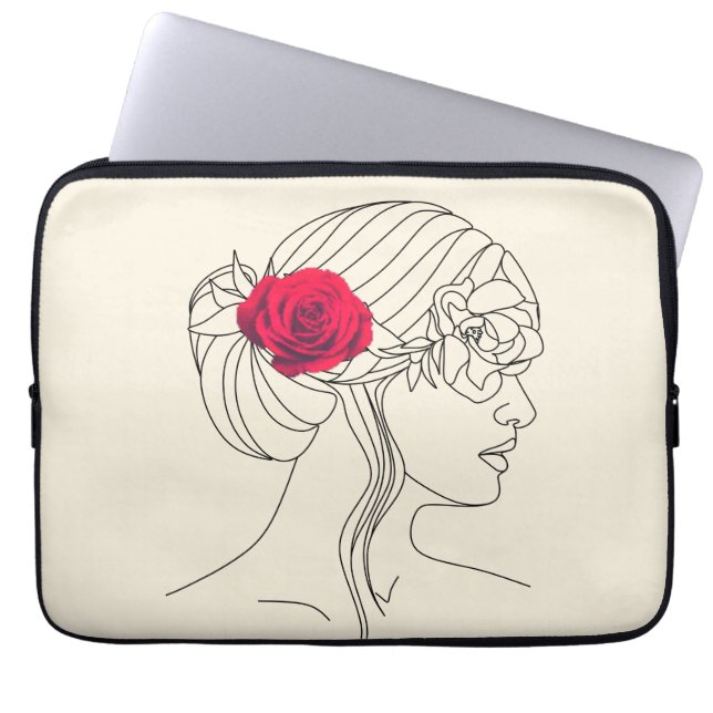 Woman Continuous Line with Red Rose On Hair  Laptop Sleeve (Front)