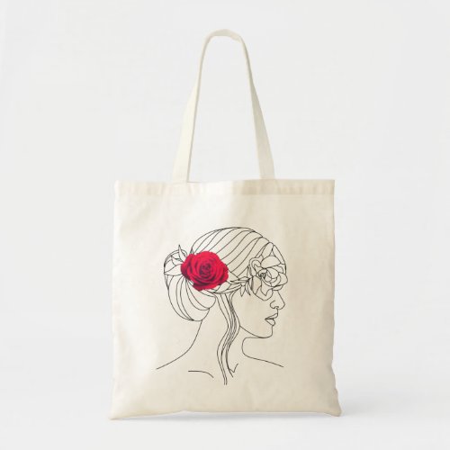 Woman Continuous Line with Red Rose On Hair Tote Bag