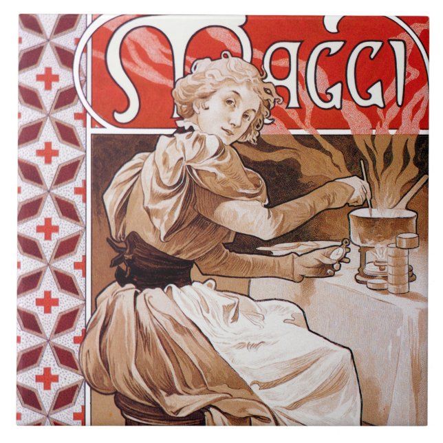 Woman Cooking, Alphonse Mucha Ceramic Tile (Front)