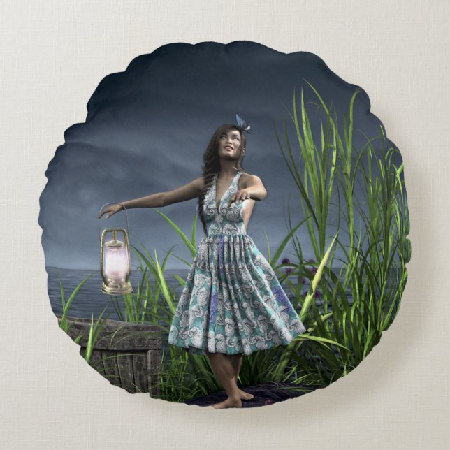 Woman Dancing by the Sea Round Pillow (Front)