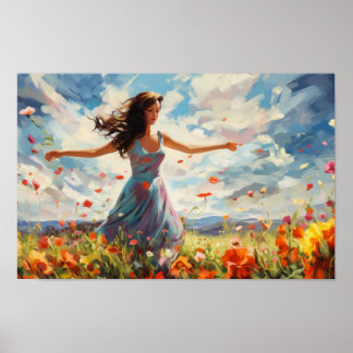 Woman Dancing Joyfully In A Field Of Wildflowers Poster