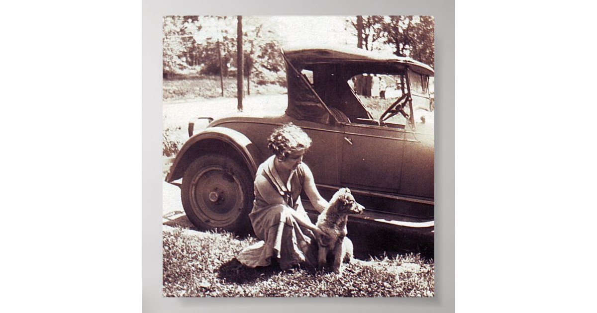 Woman Dog And Auto Waiting Vintage Photo Print Zazzle Com
