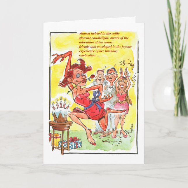 Woman doing fanciful Birthday Dance card (Front)