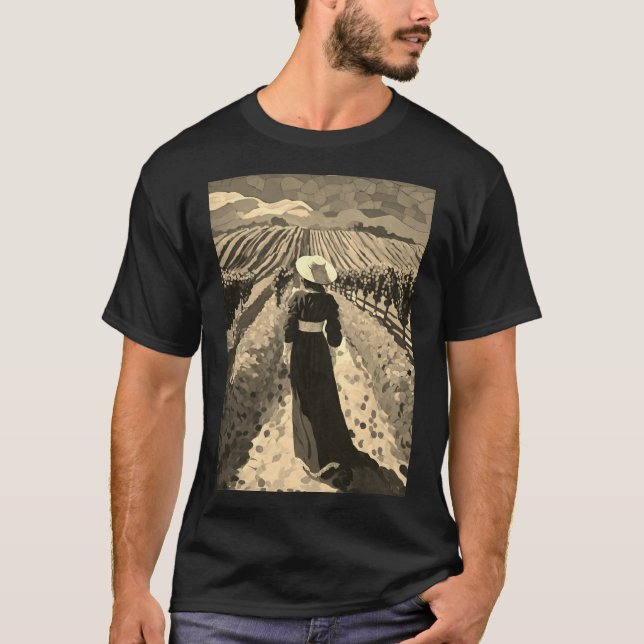 Woman dress in payrate lines men's t shirt (Front)