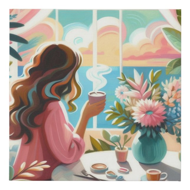 woman drinking coffe faux canvas print (Front)