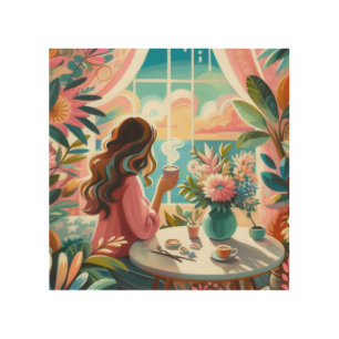woman drinking coffe wood wall art