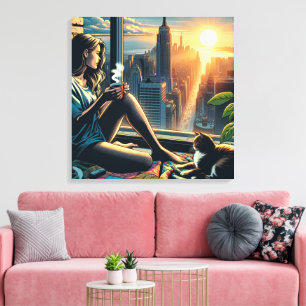 Woman Drinking Coffee at Sunrise in the City Canvas Print