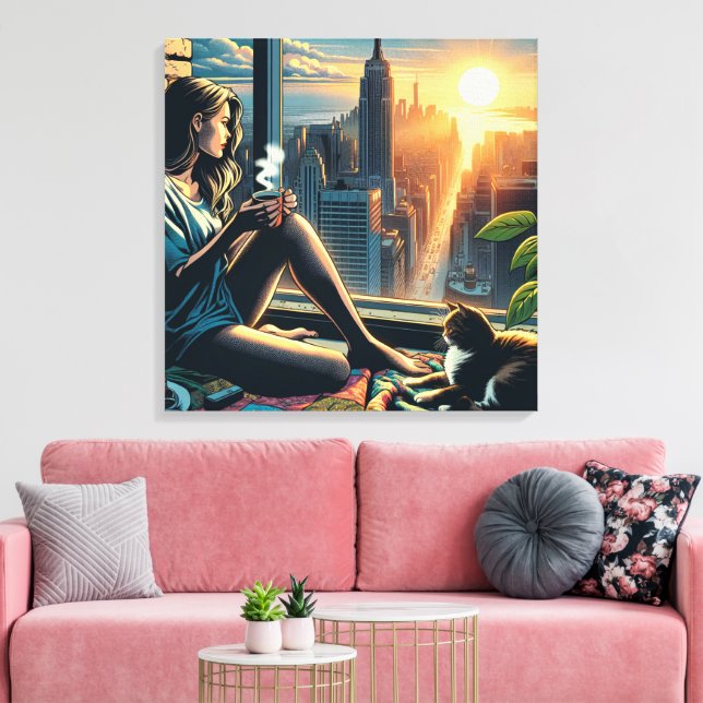 Woman Drinking Coffee at Sunrise in the City Canvas Print (Insitu(LivingRoom))