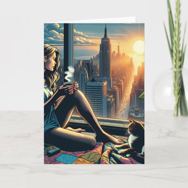Woman Drinking Coffee at Sunrise in the City Card (Front)