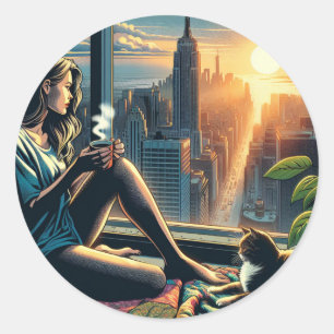 Woman Drinking Coffee at Sunrise in the City Classic Round Sticker