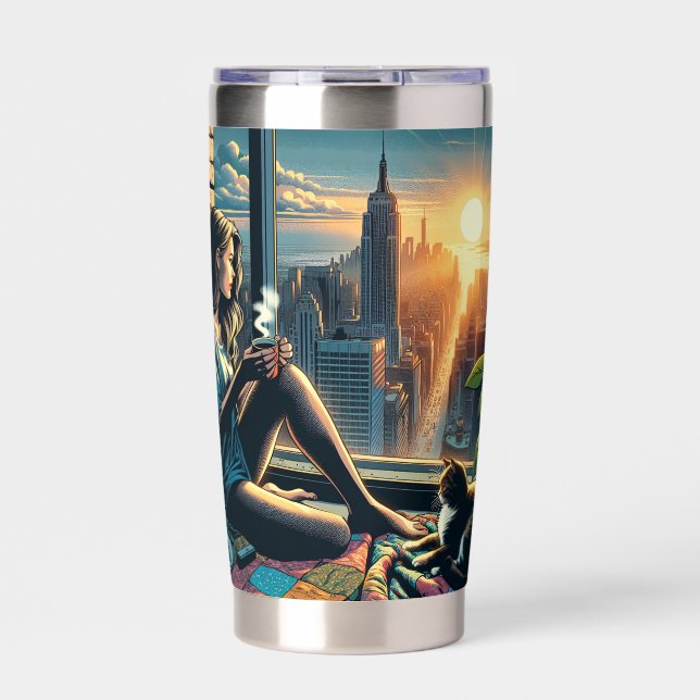 Woman Drinking Coffee at Sunrise in the City Insulated Tumbler (Front)