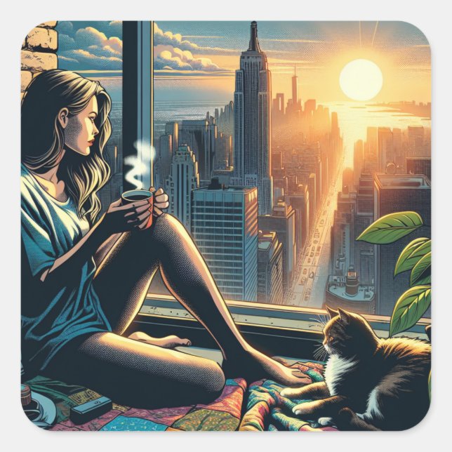 Woman Drinking Coffee at Sunrise in the City Square Sticker (Front)