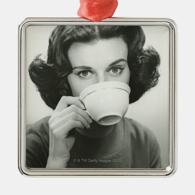 Woman Drinking Metal Ornament (Front)