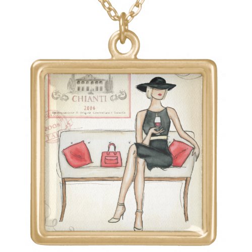 Woman Drinking Red Wine Gold Plated Necklace