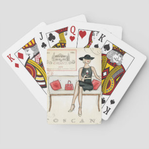 Woman Drinking Red Wine Poker Cards