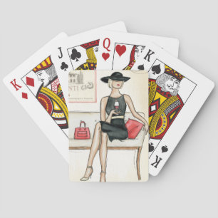 Woman Drinking Red Wine Poker Cards