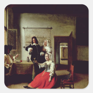 Woman drinking with soldiers, 1658 square sticker