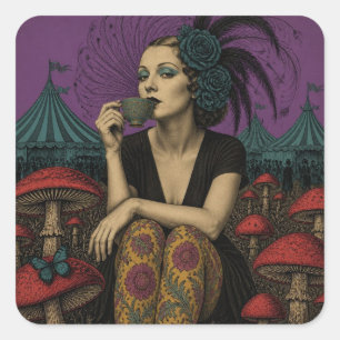 Woman Drinks Tea at the Circus Square Sticker