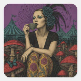 Woman Drinks Tea at the Circus Square Sticker