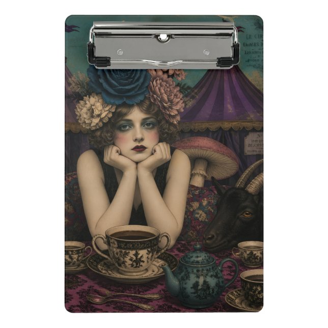 Woman Drinks Tea at the Circus With Black Goat Mini Clipboard (Front)