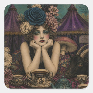 Woman Drinks Tea at the Circus With Black Goat Square Sticker