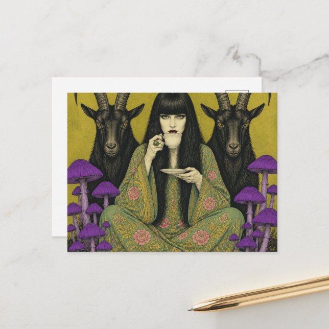 Woman Drinks Tea With Two Black Goats Postcard (Front/Back In Situ)