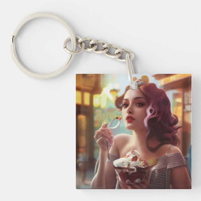 Woman Eating A Banana Split Keychain (Front)