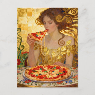 Woman Eating Pizza Faux Klimt Art Postcard