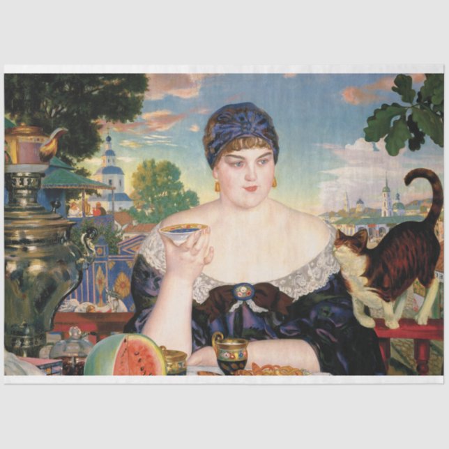 Woman Eating Watermelon with Cat Painting Tissue Paper (Front)