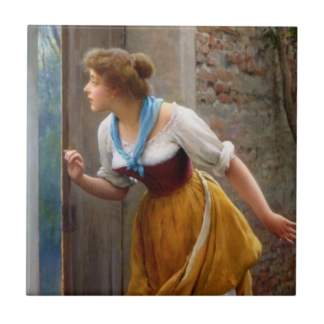 Woman Eavesdropping (by Eugene de Blaas) Ceramic Tile (Front)
