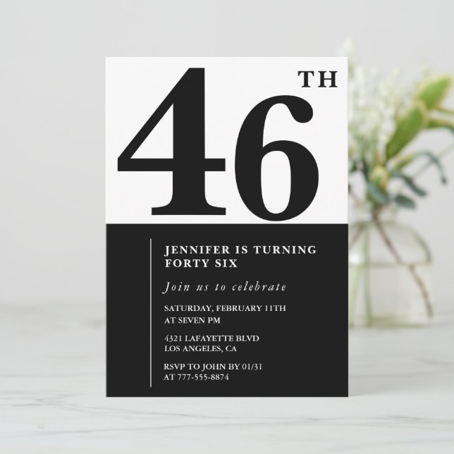 Woman Elegant 46th birthday invitation Black  (Standing Front)