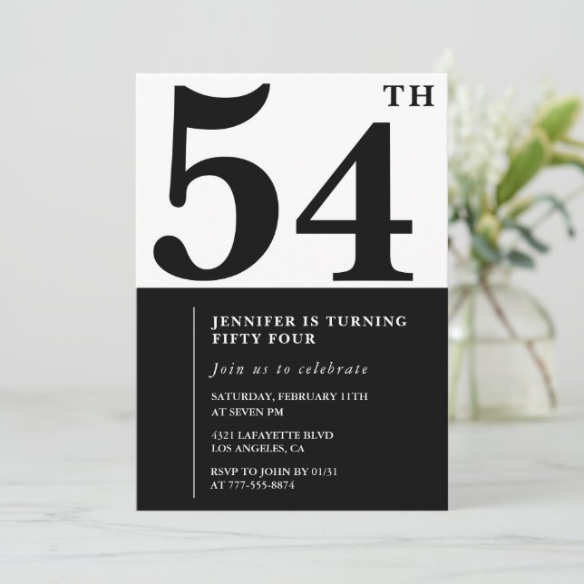 Woman Elegant 54th birthday invitation Black  (Standing Front)